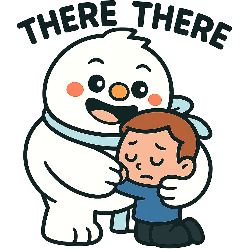 Add the words 'there there' going through the head of the Abominable Snowman as he hugs the much smaller kid, keep the background transparent. The style should resemble the original image's look and feel. emoji