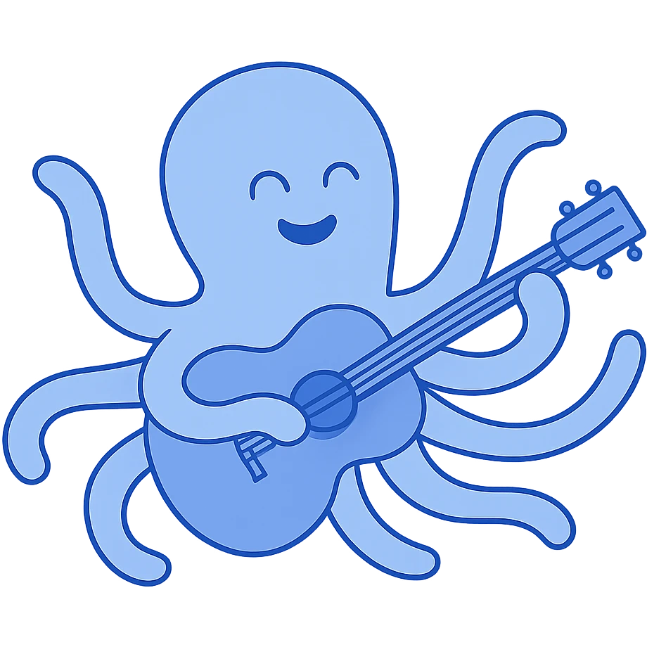 happy octopus with multiple arms playing guitar emoji