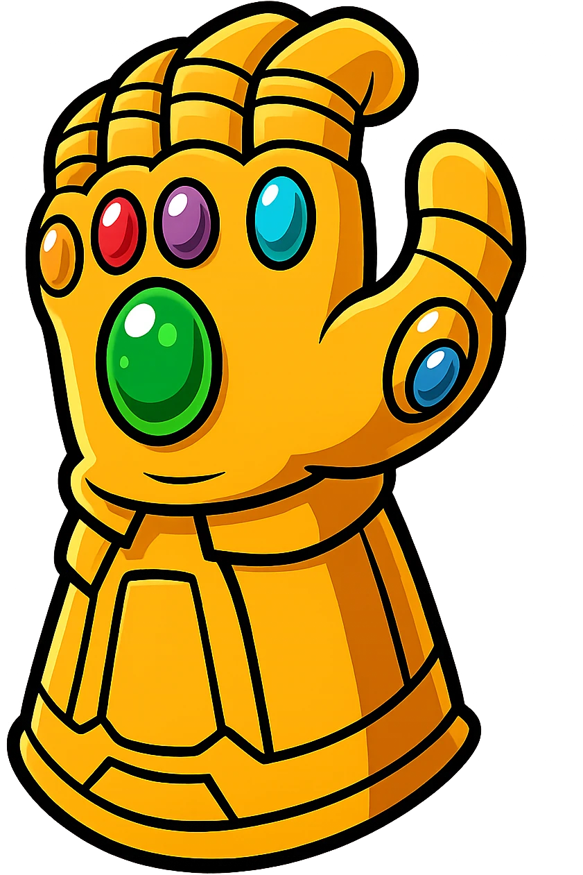 Thanos gauntlet in cartoon style, bright colors, emphasizing gems, no background emoji