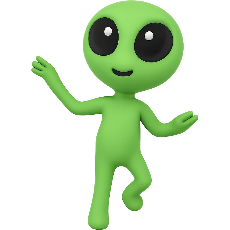 Create a neon green alien dancing, almost identical to the reference image, with minimal changes in the positions of arms and legs, looking straight ahead. This is frame 4 of an animation. PNG format with transparent background. emoji