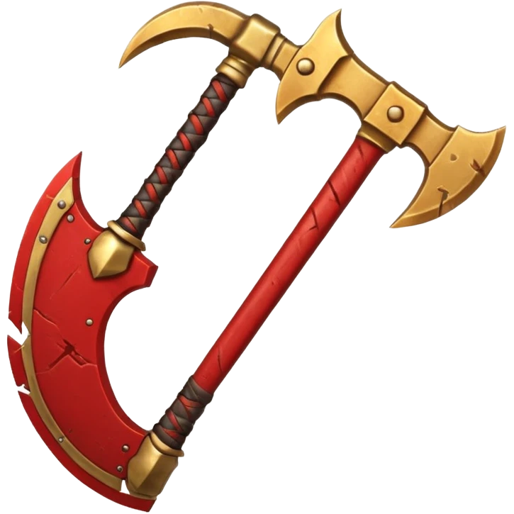 Ares battle axe object icon, ancient Greek war god axe, double-bladed heavy axe, red and gold metal, battle-worn scratches, glowing red accents, 3D cartoon, mobile game icon style, centered, clean background, soft shadow, no text, no watermark

 emoji