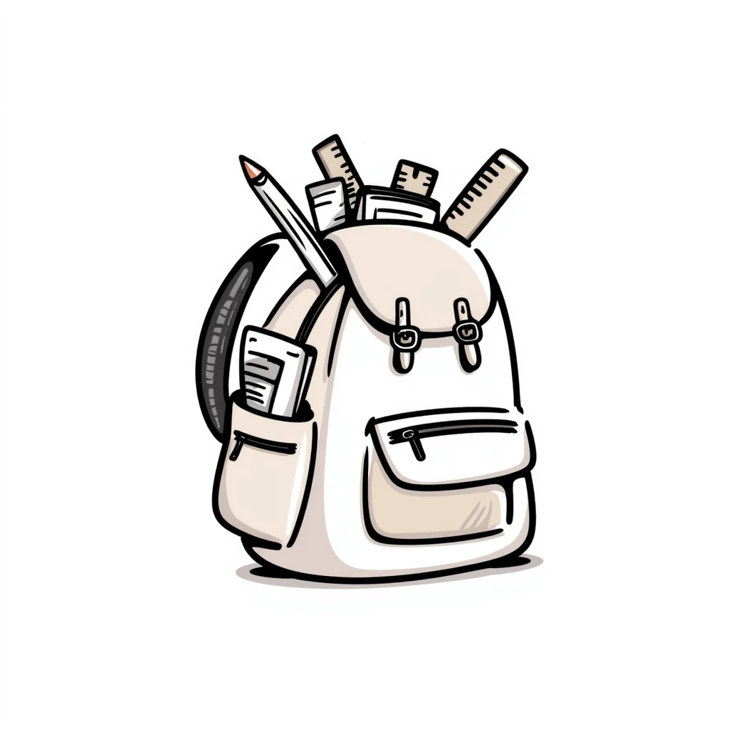 a backpack with pockets, zippers, and straps, containing school supplies like notebooks, pencils, and rulers peeking out, in pastel colors dd9fb0, ffc6d3, a3bfc9, c4bee2, f1b091, detailed hand-drawn doodle style emoji