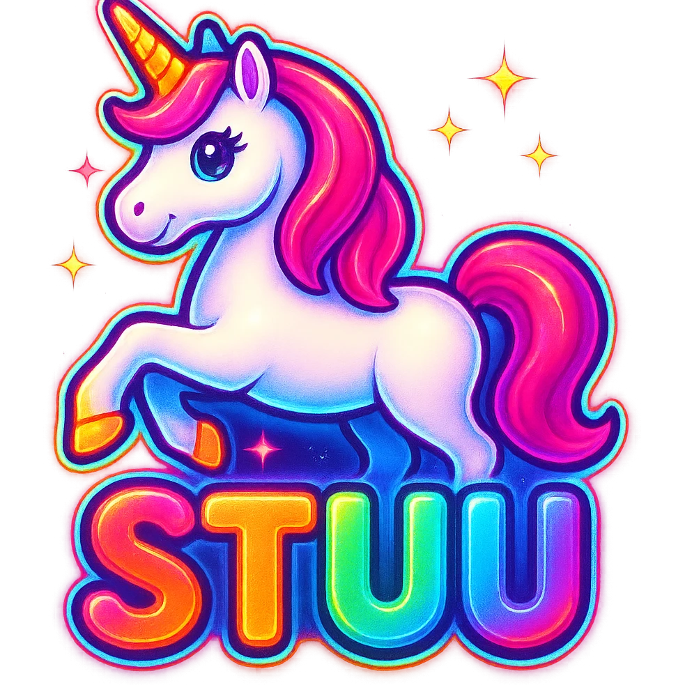 Add a bold neon glow to the 3D block 'STU 🦄' and the cartoon unicorn, with vibrant neon outlines and sparkles, keep the background transparent for Discord. emoji