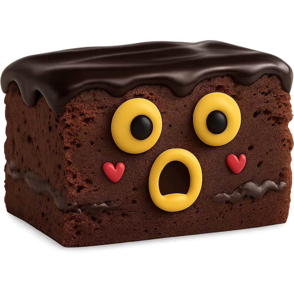 Make the chocolate brownie shorter and more rectangular, with darker chocolate sauce on top. Change the face to a shocked expression with both eyes black instead of smiling. Keep the background transparent. The original style is 3D emoji style, please maintain the 3D emoji look in the edit. emoji