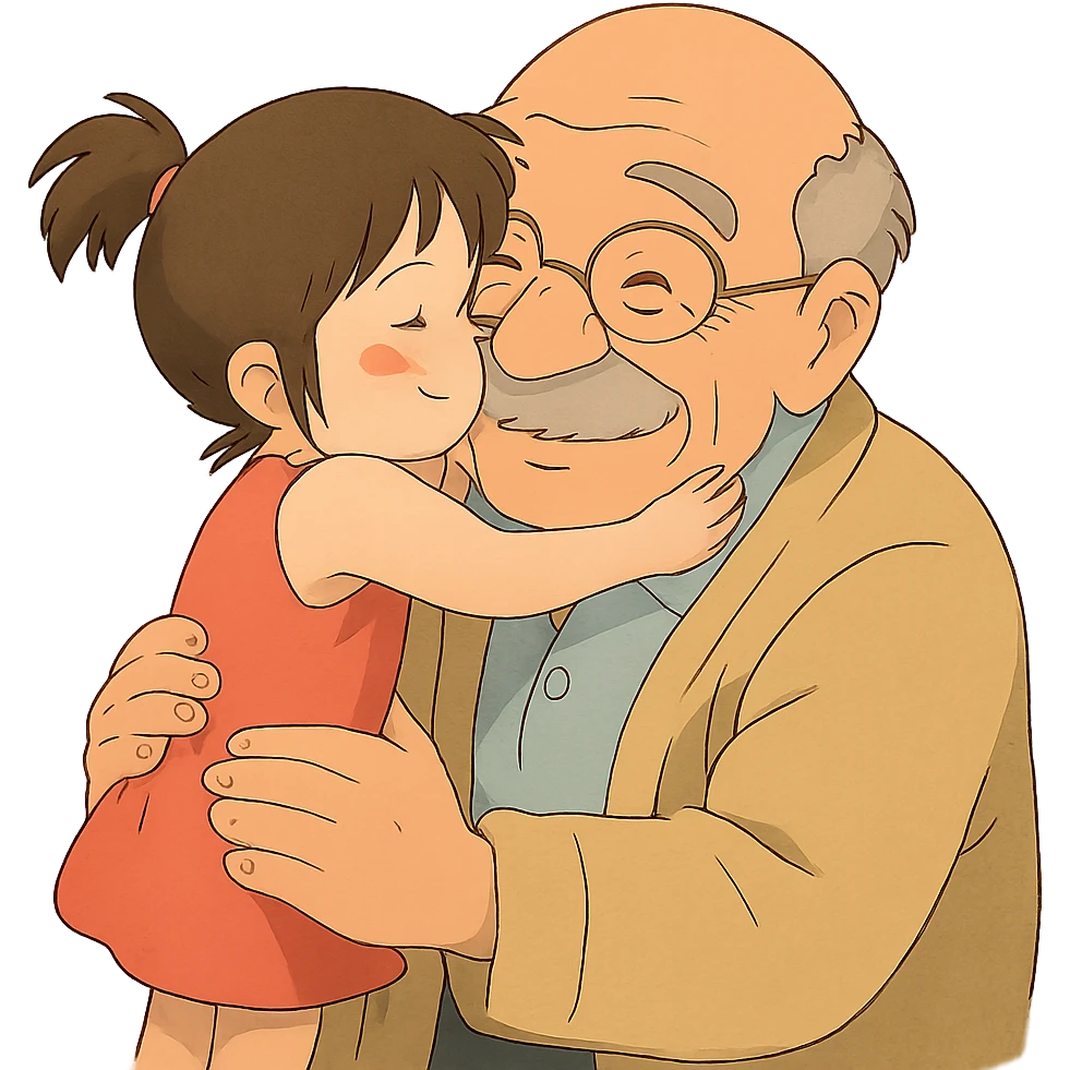 small kid showing affection to their granddad, gentle and heartwarming emoji