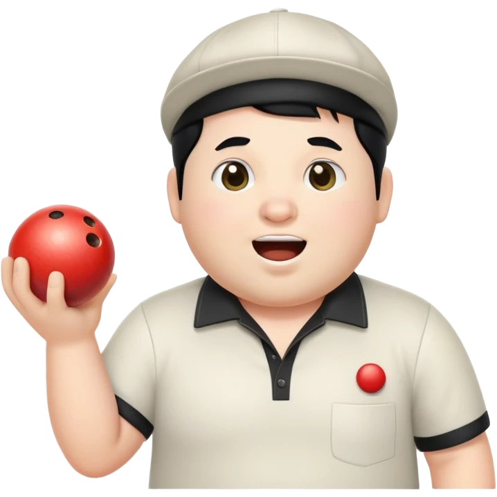 A white chubby man with black hair a cap who likes bowling singing, video games and sushi emoji