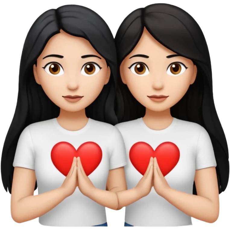 Dos mujeres juntas que una sea de color trigueña y de color blanca, cabello largo negro sea la de piel blanca y la de piel trigueña cabello castaño raya en medio, tengan polo blanco, que hagan  con su mano formando un corazon emoji