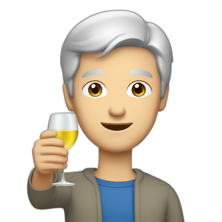a caucasian man with blue eyes and short grey hair, toasting with a glass of white wine emoji