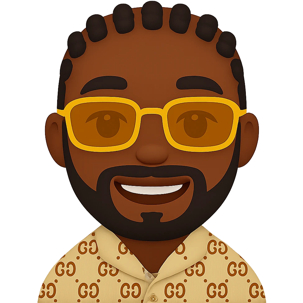 Create an emoji style smiley with a younger face, slimmer head, dark skin, small black braids, beard and mustache, rectangular golden sunglasses, beige top with GG pattern and visible collar. The background should be transparent. The style should resemble emoji style. emoji