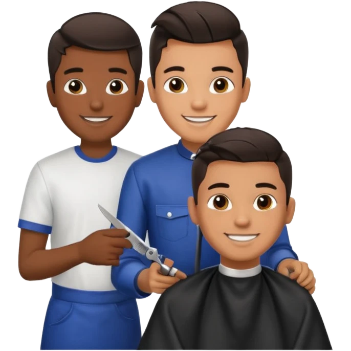Barber cutting teenage boys hair. Show the boy sat in black barber chair and both having smiles on their faces. Both have dark hair emoji