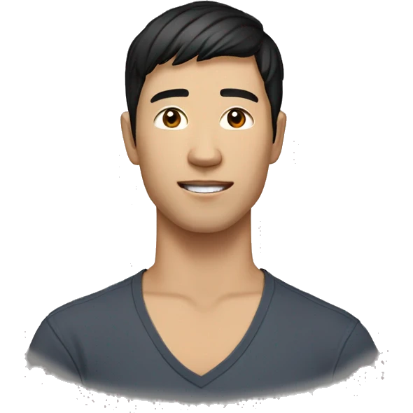A head and shoulders shot of a 32 year old Asian man, with short black hair,   with brown eyes wearing a t-shirt. emoji