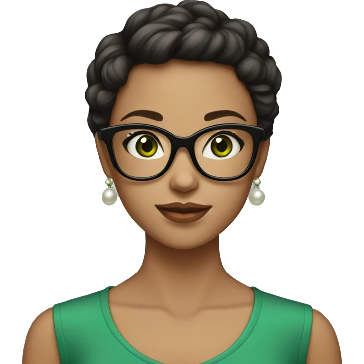 Girl with fair skin, short dark hair, big green square eyeglasses, pearl earrings  emoji