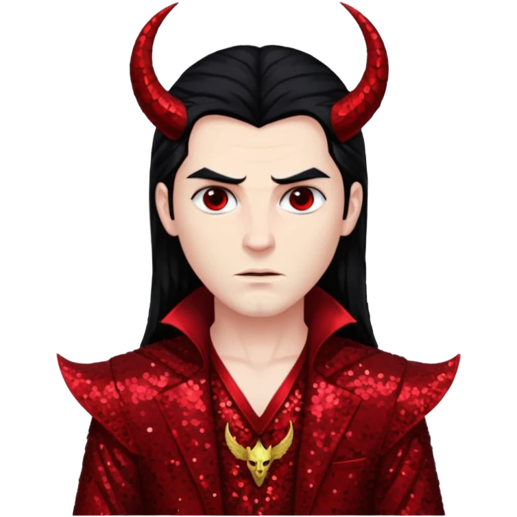 Lucifer from The Bible with long black hair, dark red sequin outfit emoji