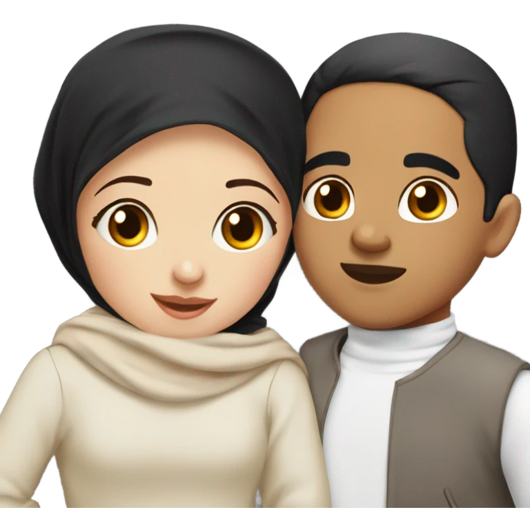 Brunette Hijab Girl with long lashes and red cheeks kiss a boy with black hair with boxer cut  emoji