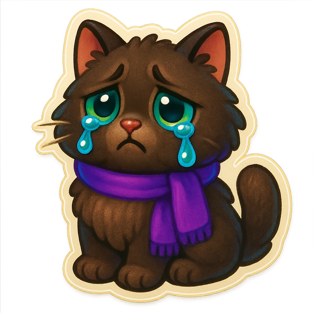 Fluffy sad crying cute dark-brown cat with green eyes and a purple scarf  emoji