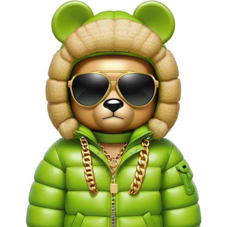 classic bearbrick wearing lime green mask with logo tags, oversized puffy down jacket with lavish fur hood, single-lens visor sunglasses, stacked gold chains, streetwear fashion icon emoji