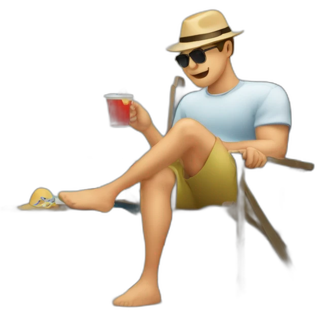 Hombre sentado tomando mate en una silla al borde de la playa emoji