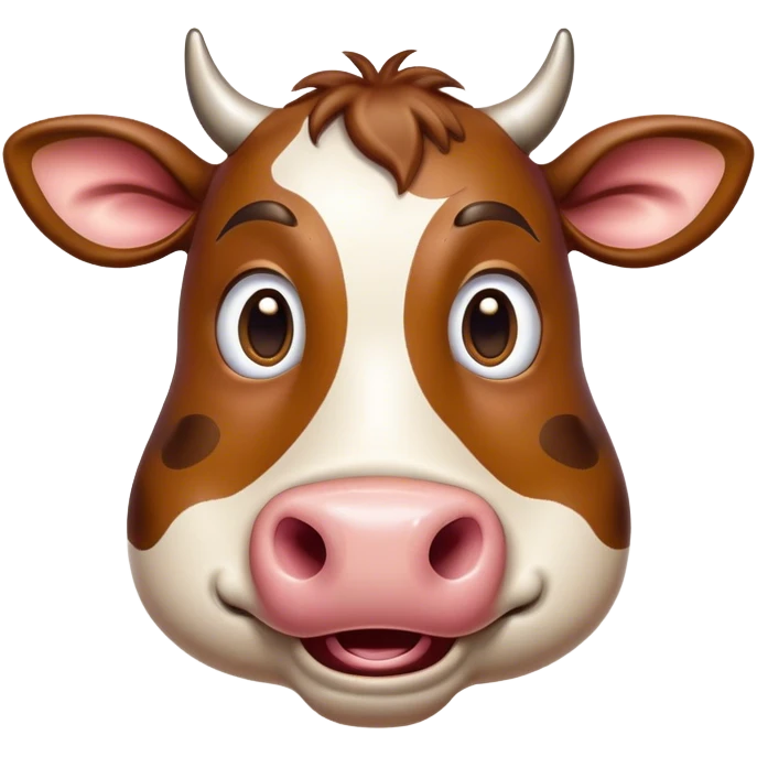 Cinematic Comical Brown Cow Portrait Emoji, Head tilted dramatically with an exaggeratedly amused expression, featuring a striking, glossy brown hide with a playful natural pattern, wide, expressive brown eyes filled with humorous disbelief, Simplified yet hilariously expressive features, highly detailed, glowing with a slightly sassy glow, high shine, dramatic yet playful, stylized with an air of cheeky farmyard mischief, bright and endearing, soft glowing outline, capturing the essence of a spirited and over-the-top cow, so meme-worthy it feels like it could moo its way into internet fame instantly! emoji
