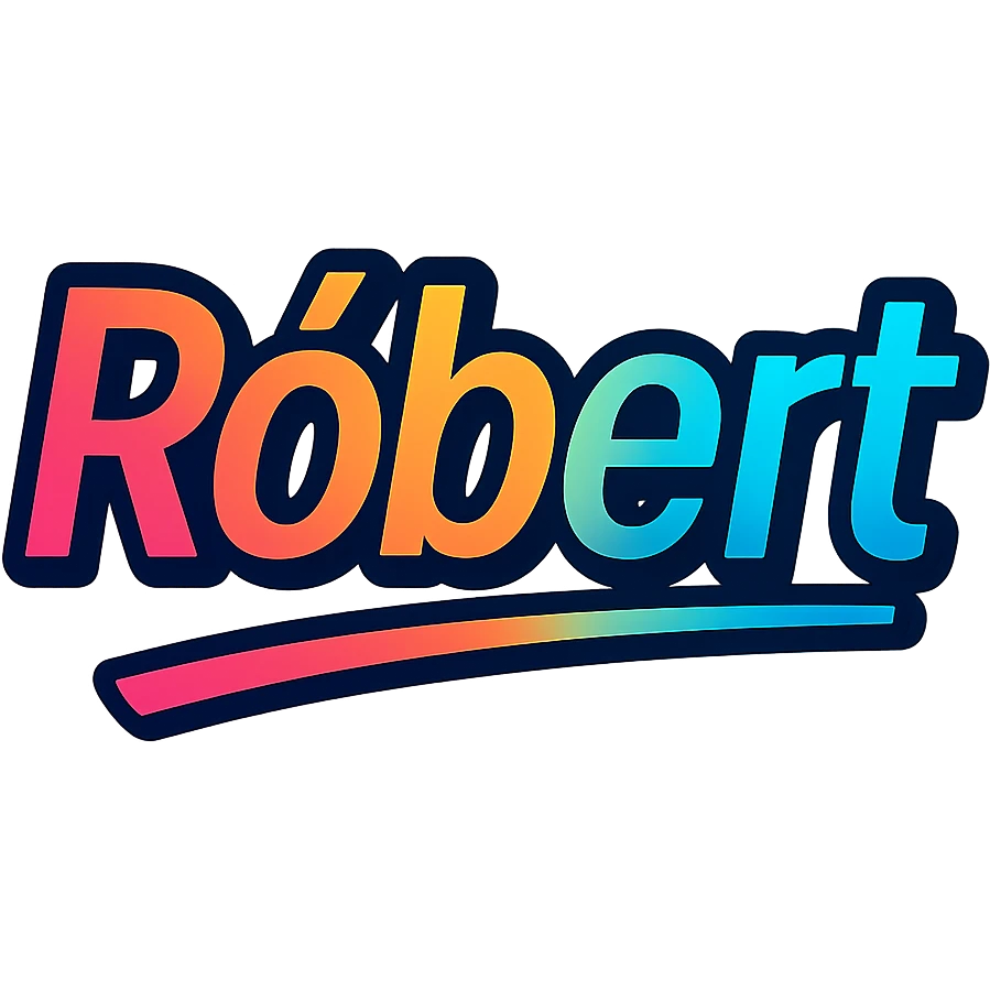The name 'Róbert' in a modern, colorful gradient font with a dark outline, on a transparent background, with the name underlined or partially underlined with a dynamic, slanted underline, in the style of the sample images. emoji