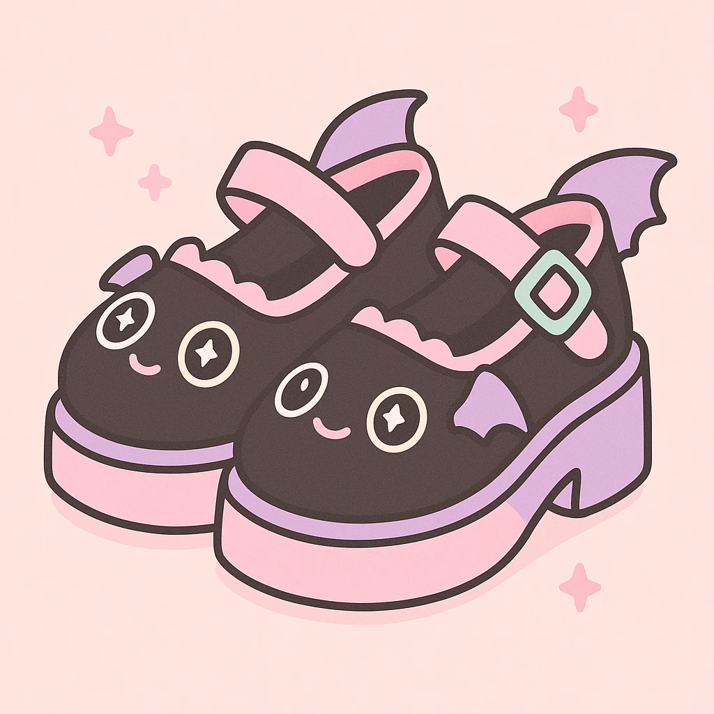 Add pastel pink and pastel purple accents to the BLACKPINK-inspired gothic shoes, keep them cute and stylish, kawaii style, no hearts. emoji