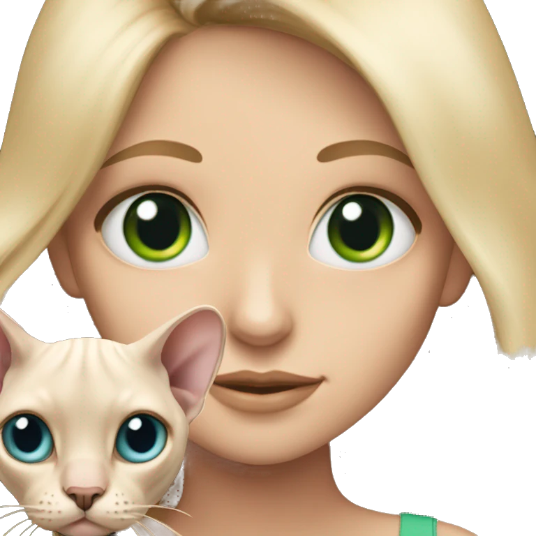 Blonde girl with long hair and blue eyes holding sphynx cat with green eyes emoji