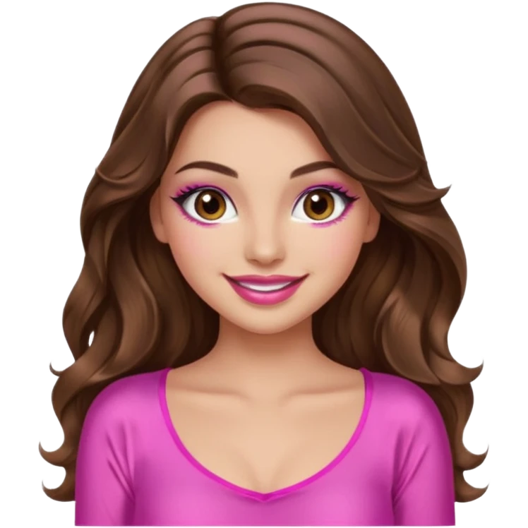 girl with long wavy brown hair, brown eyes, long lashes makeup, sexy pink lips, light to medium complexion, wearing a pink sexy silk top, smiling emoji