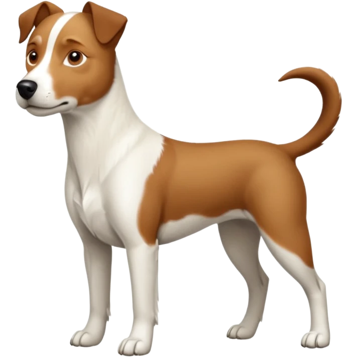 a full body large white parson russell looking dog the size of a kelpie with light brown flopped down ears and a light brown patch on one eye and a large snout emoji