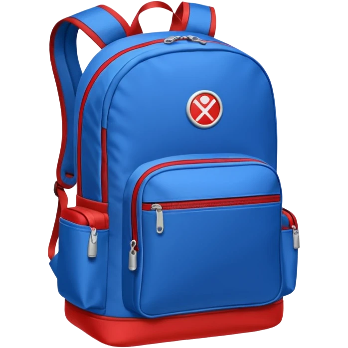 blue backpack with two diveded logo (leftside white, right side red) at the bottom pocket

 emoji