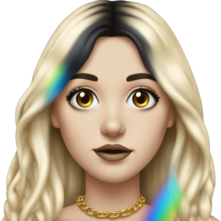 Hyperrealistic white girl with blue eyes and long black hair with rainbow fringe. Wearing gold chain necklace has dark eye makeup on her eyes emoji