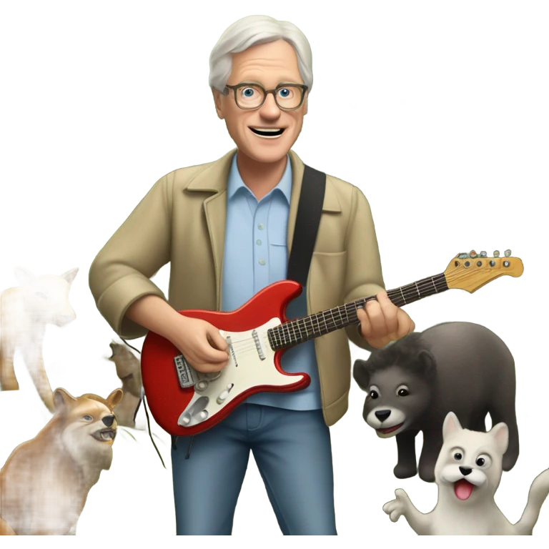 60 year old white man with a van dyke playing electric guitar in a forest with animals watching emoji