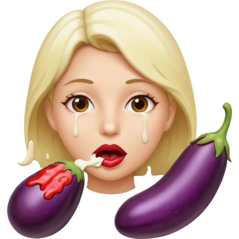Naked Girl sucking on egg plant, egg plant between lips, cream dripping from mouth emoji