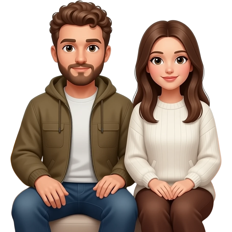 Realistic white man brown super short curly hair with beard being cozy with realistic white woman brown long straight hair on couch autumn emoji