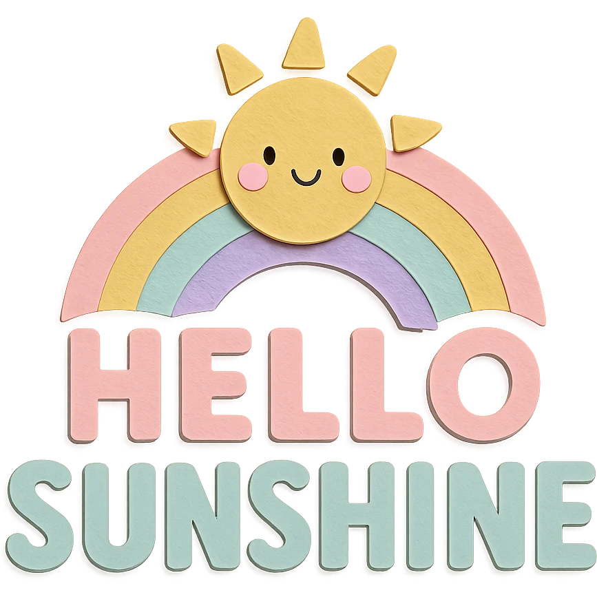 "Hello Sunshine" soft pastel rainbow bold soft letters, kawaii sticker art, transparent PNG, no outline, paper craft style emoji