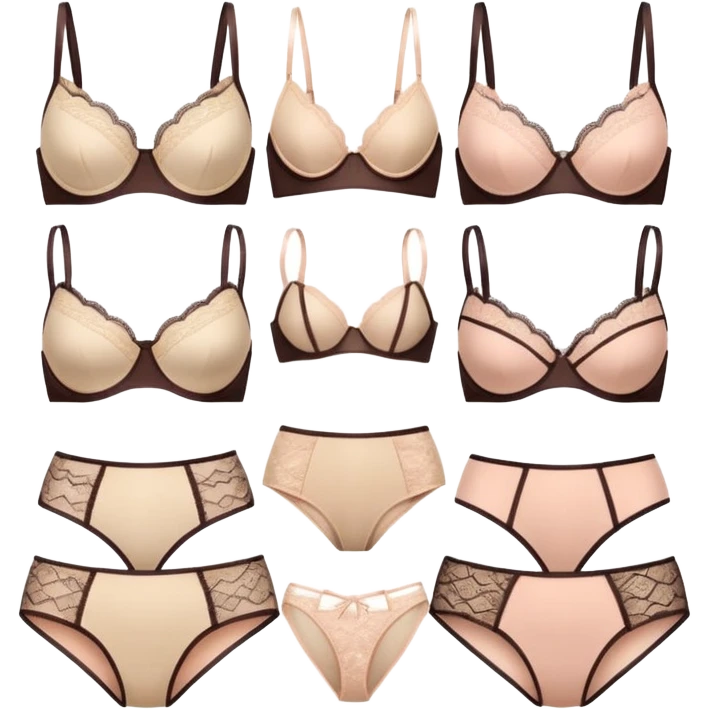 a set of 12 minimal emoji icons of lace lingerie: different bra and panties shapes, balconette, bralette, high-waist panties, thong, all in soft beige and blush tones, no body, only lingerie, flat vector style, on transparent background emoji