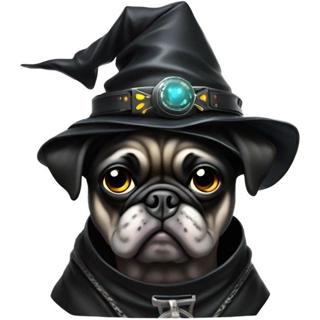 cyberpunk pug wearing a black wizard's hat emoji
