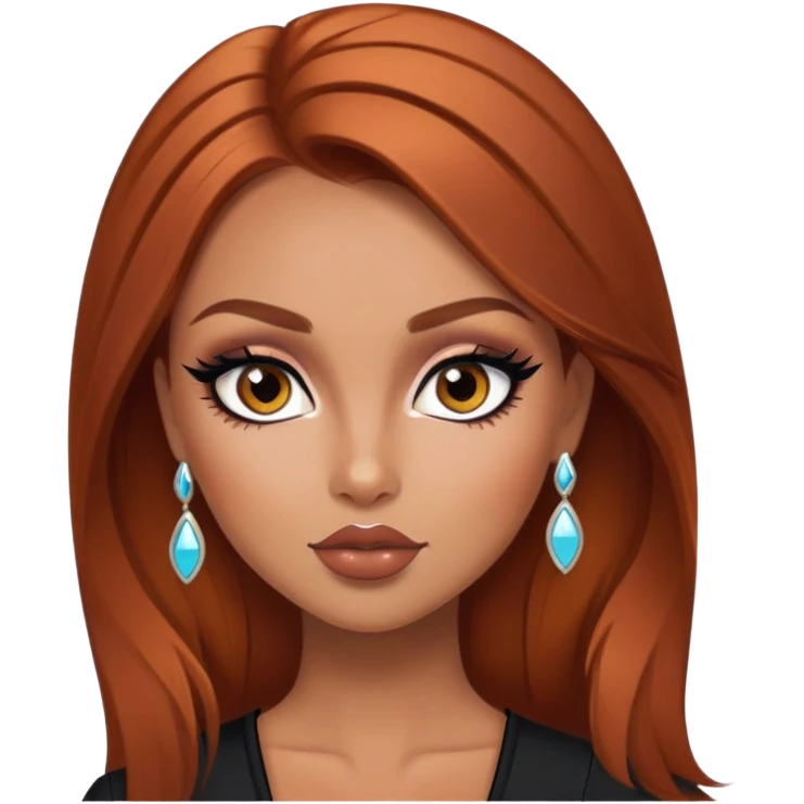russian features, beauty, winred hair, tan skin,  eyes, pretty eyes, black eyeliner, pretty bratz baddie emoji