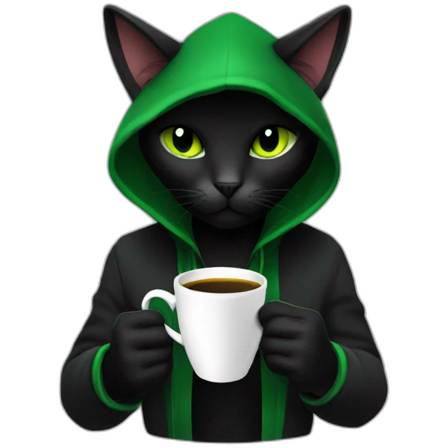 Green hooded black cat assassin sipping coffee emoji
