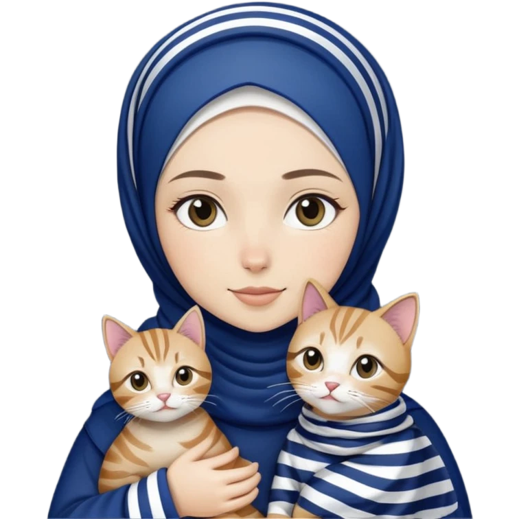 White hijab girl wearing dark blue hijab holding stripes tabby cat emoji