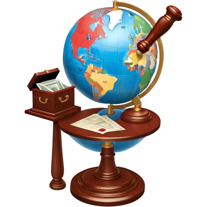 An icon featuring a globe with a gavel and a political map, symbolizing political science. The design includes a ballot box and a podium, representing democracy and governance. Transparent background highlights the study of political systems and global relations. emoji