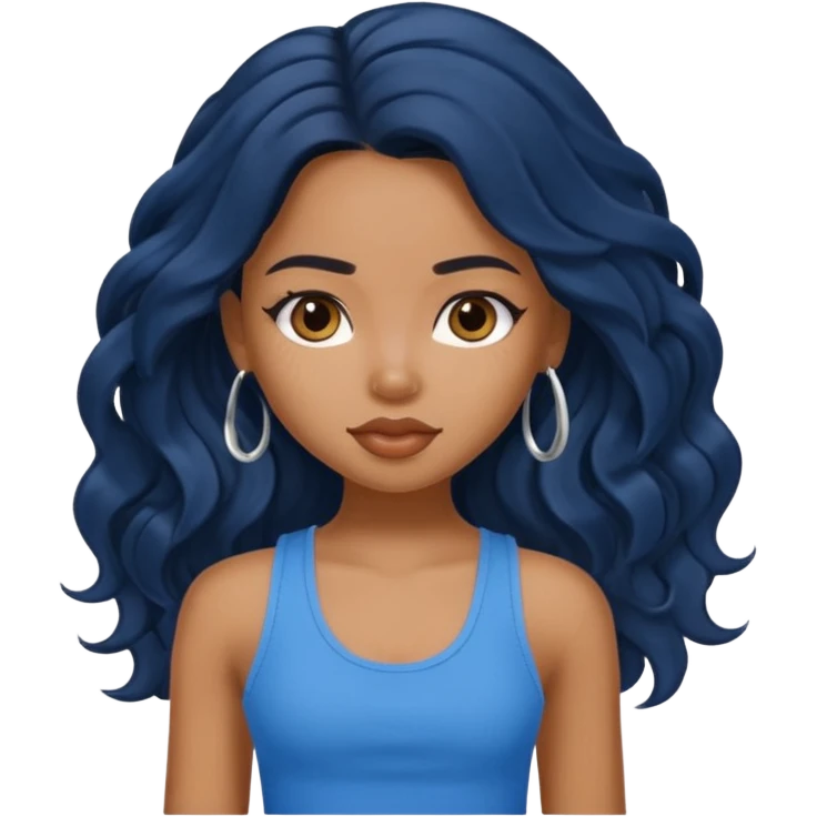 a pretty bratz brown girl with long wavy black color hair and a blue tank top on emoji