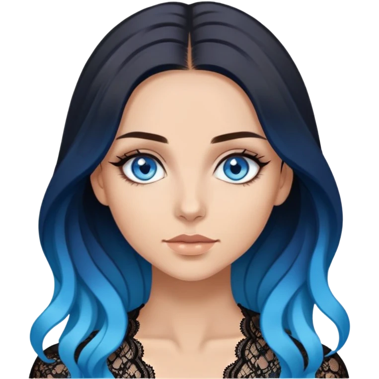 Beautiful Buxom-deep blue eyes-very long brunette to sky blue ombre hair-big juicy booty, wearing black lace, sfw emoji