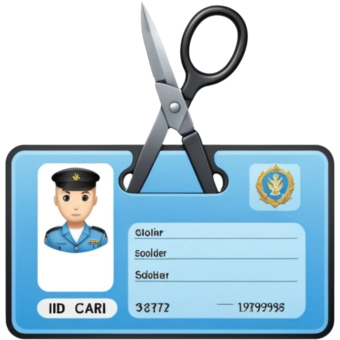 black Scissors cutting a light blue idf soldier ID card in 2 parts .hyper realistic emoji