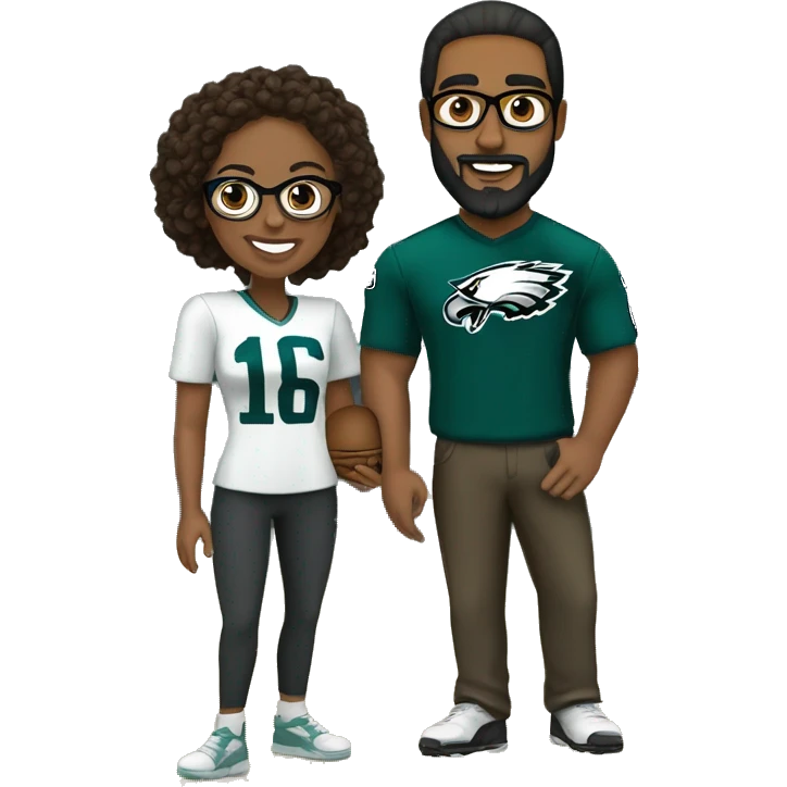 Brown guy with no glasses with a beard and mustache holding a brown girl wearing glasses and hair in a bun wearing Philadelphia eagles clothing emoji