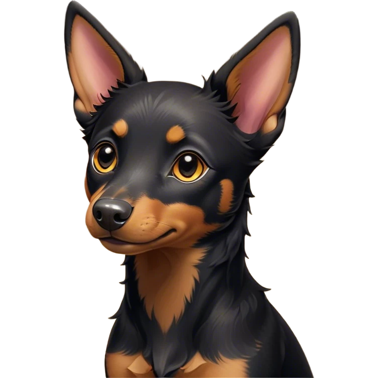 Cinematic Cute Black and Tan Kelpie Portrait Emoji, Head tilted playfully and inquisitively, featuring a sleek black Fur with vibrant tan markings, round, sparkling dark eyes filled with curiosity, Simplified yet irresistibly adorable features, highly detailed, glowing with a warm, friendly glow, high shine, affectionate and spirited, stylized with a touch of whimsy, bright and endearing, soft glowing outline, capturing the essence of a mischievous yet loving herder, so playful it feels like it could leap out of the screen and into your arms! emoji