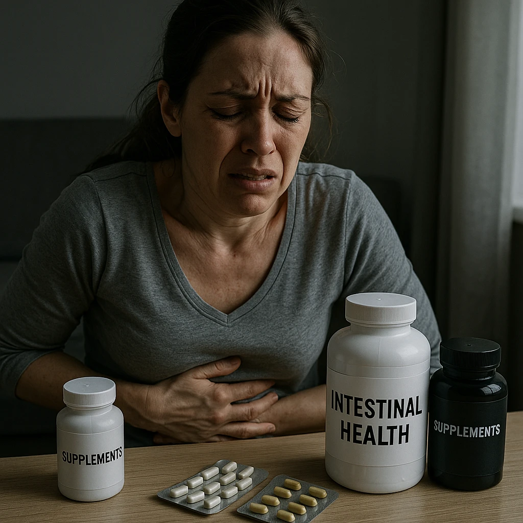hyper realistic image of a woman with a suffering expression caused by supplements that severely damage intestinal well-being, clinical details, visible supplement packages, negative atmosphere, domestic environment emoji