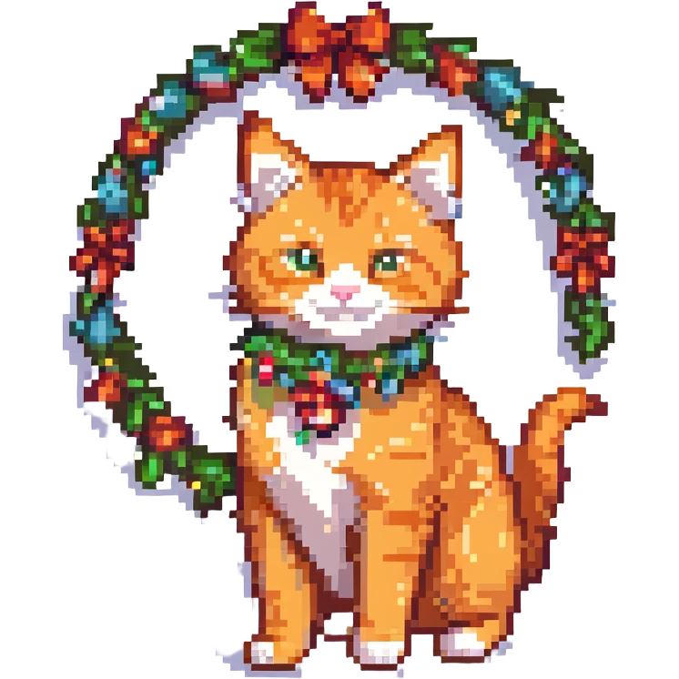 minimalist pixel art of an orange cat with a Christmas garland like on a New Year tree, gaming style emoji