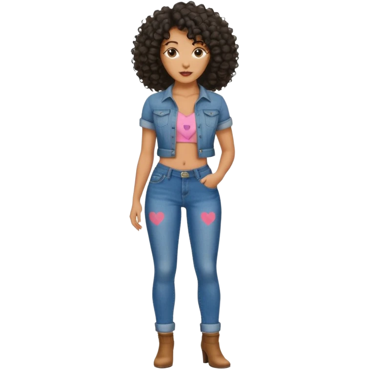 A black woman with curly hair with a penis print showing in jeans emoji