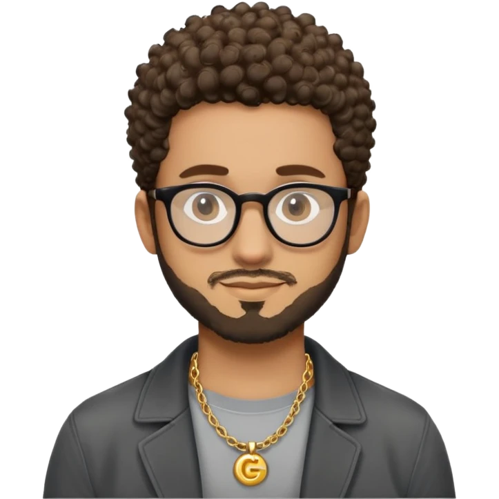 Hombre latino piel marron claro, cara estirada ovalada, gafas redondas oscuras, barba corta, pelo muy corto a los lados   rizado. Sonrisa leve, expresión tranquila. Camiseta gris, jacket negro abierto, collar G dorado emoji