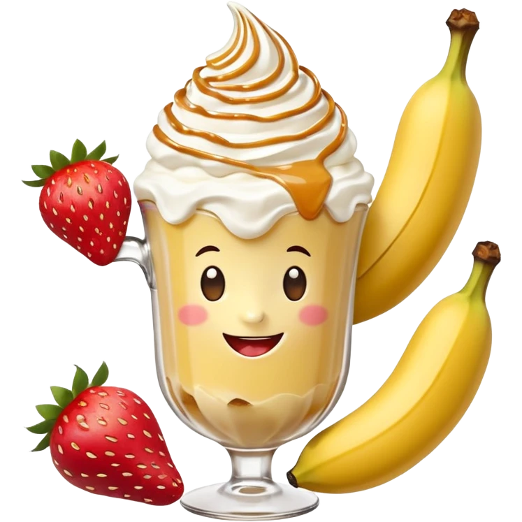 Coffee with caramel, whipped cream, one big  pealed banana sticking out of it with two strawberry’s sticking out of the base of the banana with whipped cream and caramel on the tip of the banana in a happy face on the glass with a wink emoji