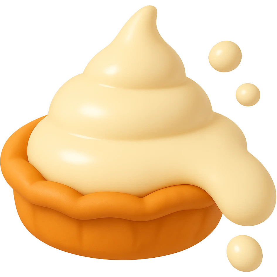 Refine the cream drip on the right-hand side and the 1-2 small cream splatters in the top right corner to closely match the smooth, rounded style, lighting, and placement of the other pie splatter designs. Keep the playful 3D emoji style, golden brown crust, transparent background, and main cream part intact. emoji